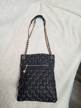 Black Quilted Crossbody Bag Gold Studs Chain Strap Leopard Lined Vegan Leather